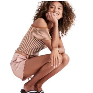 Madewell Off The Shoulder Brown Stripe Knit Short Sleeve Sweater Size Small